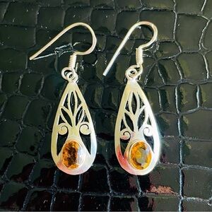 Natural Citrine Filigree OpenWork Sterling Silver Dangle Hook Earrings